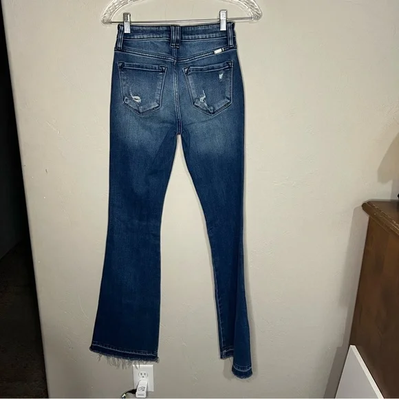 Kancan Morgan High Rise Flare Two Tone Raw Hem Flare  Distressed Denim Jeans - Picture 10 of 12